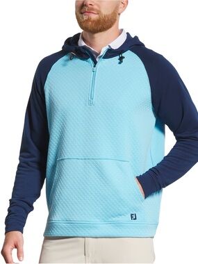 FootJoy Aqua Quilted Hoodie with Navy Raglan Sleeves Links Hoodie L